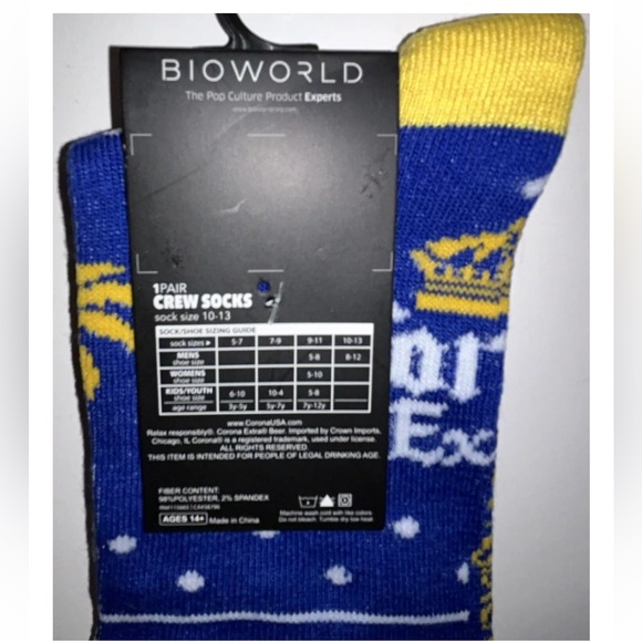 Corona Extra Beer Crew Socks 1 Pair Men 8-12 Blue Yellow w Logo Cerveza Mas Fina - Picture 2 of 11